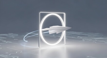 A sleek, white paper airplane seemingly emerges from an illuminated square and circle against a gray-blue background