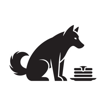 Minimalist dog silhouette sitting next to stack of pancakes breakfast illustration