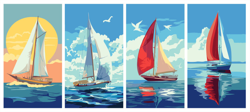 Set of four sailing boat posters. Modern flat vector illustration of sailboats on the ocean with sun and clouds.