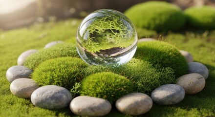 Transparent sphere refracting greenery on moss surrounded by stones