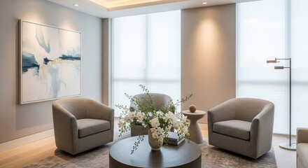 Fototapeta premium Modern waiting room interior design with armchairs coffee table and artwork