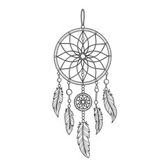 Dreamcatcher illustration with feathers and beads, a traditional Native American symbol for protection against bad dreams