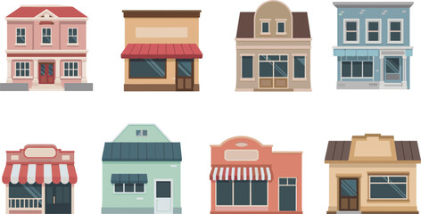 Cartoon commercial building icon set, storefront shop facade small business flat vector illustration collection