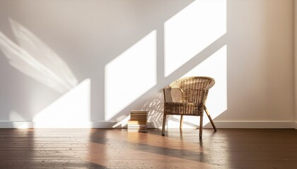 Fototapeta premium A cozy reading nook featuring a woven rattan chair and a stack of books on a dark wooden floor. Strong natural sunlight and window shadows create a warm, inviting atmosphere on a white wall.