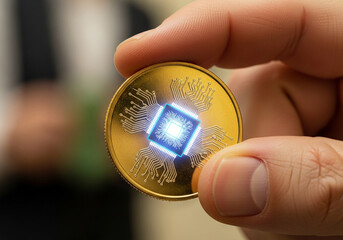Hand holding a gold coin with a blue microchip on it