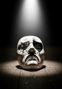 Cracked porcelain trickster mask abandoned on a stage floor under a harsh spotlight, symbolizing duality, chaos, and a tragic performance, playing, trouble, spotlight