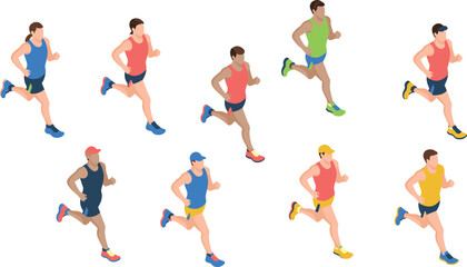Isometric running people set, marathon athletes jogging men sports fitness flat vector illustration collection