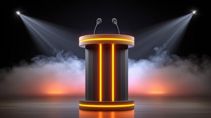 Obraz premium Modern podium with neon lights and smoke on a stage, illuminated by spotlights