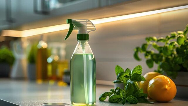 Fresh mint leaves lemons surround spray bottle containing green liquid on brightly lit, spotless kitchen counter, exuding sense of cleanliness freshness amidst good lighting and immaculate surfaces