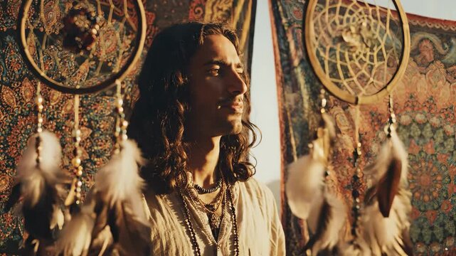 A man stands in front of colorful tapestries, featuring dreamcatchers and feathers. The man has long hair and wears jewelry, admiring the intricate patterns and sunlight.