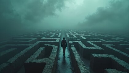 Naklejka premium Man walks through stone maze in dark fog. He seeks way out of complex labyrinth. Overcast sky creates eerie, lost mood. Pathfinding challenge and uncertainty.