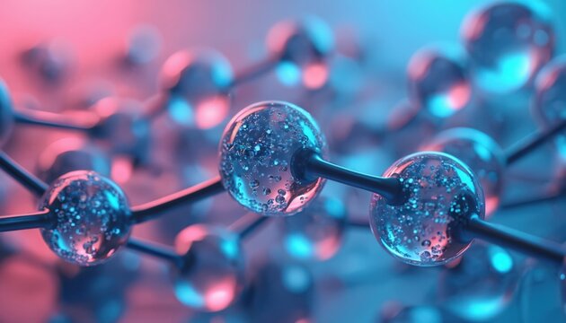Abstract molecular structure with glowing blue and pink neon lights. Spheres connect on dark background suggesting science or tech innovation.