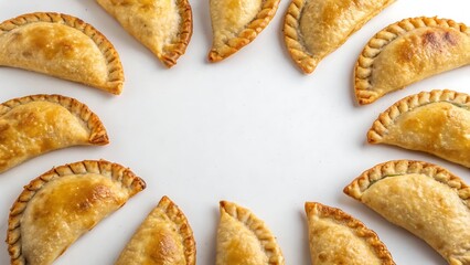 Golden baked empanadas arranged in circular pattern on white background for catering snacks