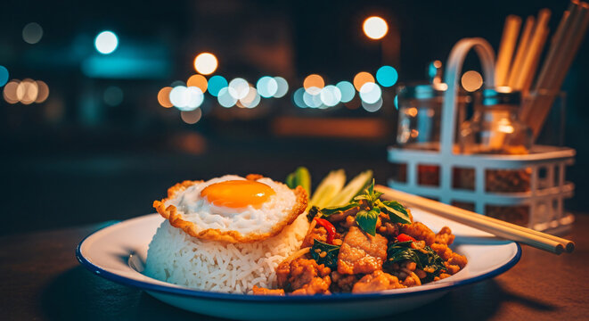 Pad Krapow Moo Kai Dao, on market lights bokeh, market lights bokeh