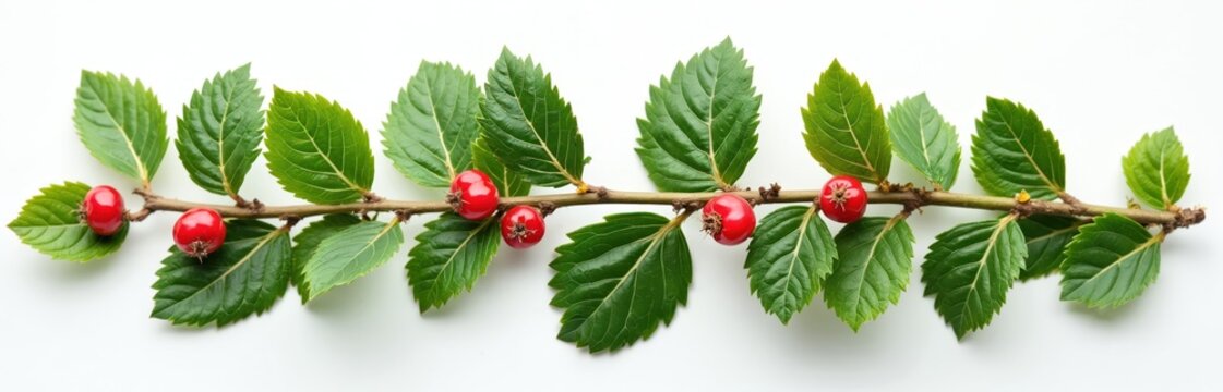 Green salal branch with red berries isolated on white. Botanical plant close up. Natural flora element for design projects. Useful for health and wellness themes.