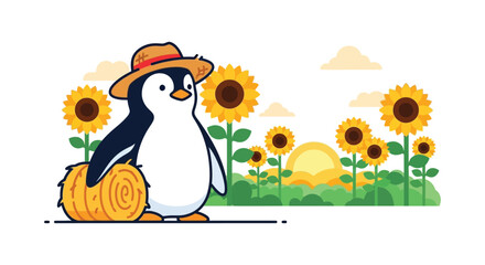 A charming illustration depicts a penguin wearing a straw hat amidst sunflowers and hay bales a delightful silhouette high quality professional © GDSneha02