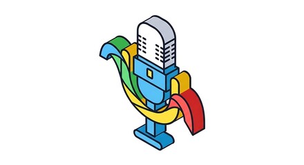 Obraz premium Illustration of a vintage microphone, rendered in an isometric style, with colorful ribbon-like elements wrapping around the base