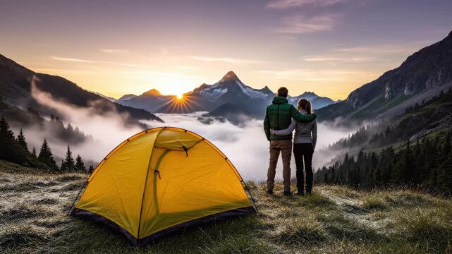 Couple enjoys breathtaking sunset view from camping site. Yellow tent sets scenic atmosphere in mountainous landscape. Adventure and romance blend in serene outdoor setting.