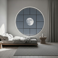 Modern bedroom interior with large round window showing moon in daytime sky