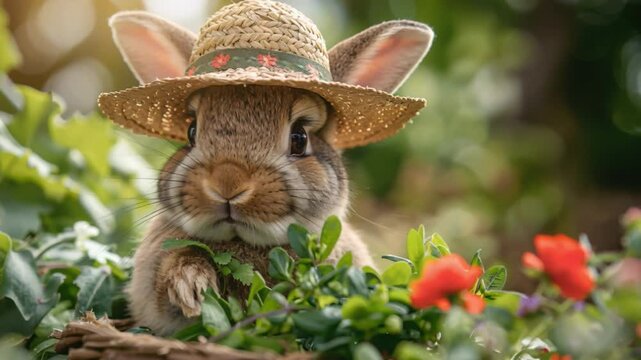In vibrant outdoor garden, charming rabbit dons floral straw hat, playfully munching fresh green leaves amidst colorful blossoms, basking warm, natural sunlight, showcasing serene connection nature