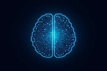 Obraz premium Glowing Brain Circuit Board Illustration on Dark Background with Neon Blue Light