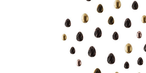 Decorative Easter eggs scattered on white background. Festive design with gold and textured eggs. Perfect for holiday th © vegefox.com