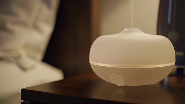 Serene bedroom scene featuring a modern aromatherapy diffuser emitting a soft glow creating a relaxing and tranquil atmosphere for wellness and sleep