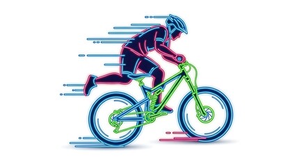 Fototapeta premium A vibrant, neon-style illustration of a cyclist in motion, riding a mountain bike with speed lines. The dynamic artwork is on white