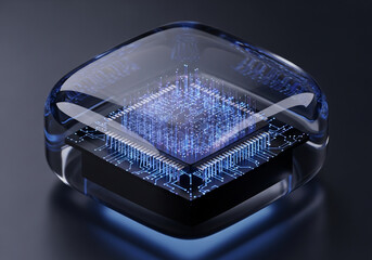 A futuristic microchip encapsulated in transparent glass on dark surface with blue glow