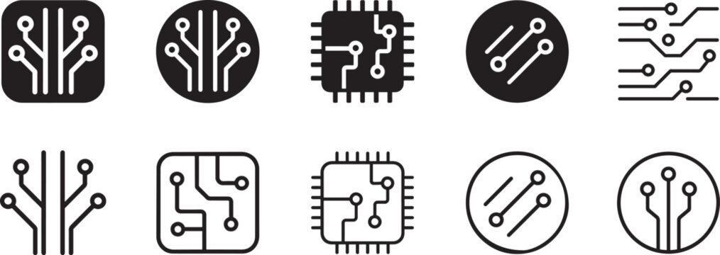 Circuit board icon set in line style. Editable vector EPS for tech, electronics and web design.