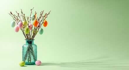 Fototapeta premium Easter decoration with colorful eggs on branches in glass vase on green background