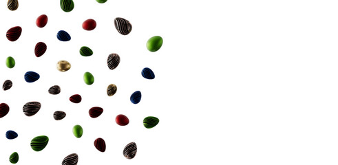 Colorful Easter eggs scattered on a white backdrop, perfect for holidays, spring, and festive designs. Suitable for vari