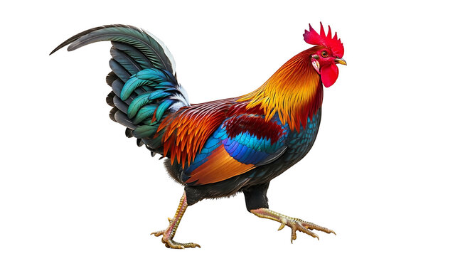 Colorful Rooster Standing on White Background.