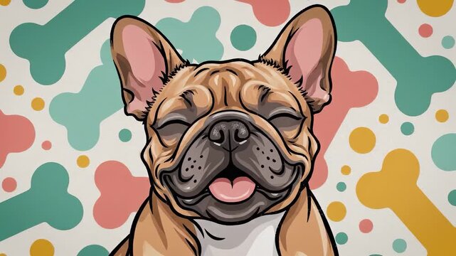 a French Bulldog with a happy expression. The background has colorful bone patterns, creating a playful atmosphere with the cheerful dog.