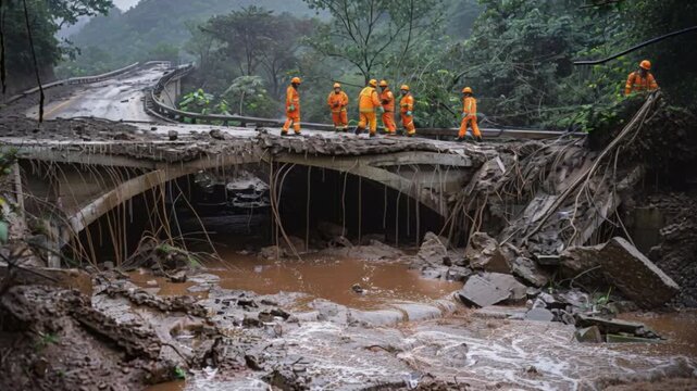 Rescue personnel clad in high-visibility orange emergency gear inspect a structurally compromised bridge damaged by intense rainfall and subsequent flooding
