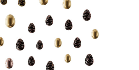 Decorative Easter eggs in gold and black are arranged on a white background, perfect for holiday greetings and designs. © vegefox.com