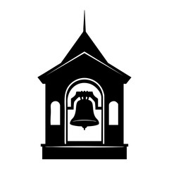 Obraz premium Silhouette of a church bell tower against the sky. The bell tower features a pointed roof, arched openings, and a large bell hanging inside