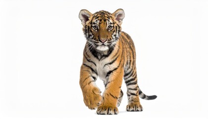Obraz premium Tiger cub walk isolated white background wildlife photography young tiger cub strolls on clean white background wildlife photo