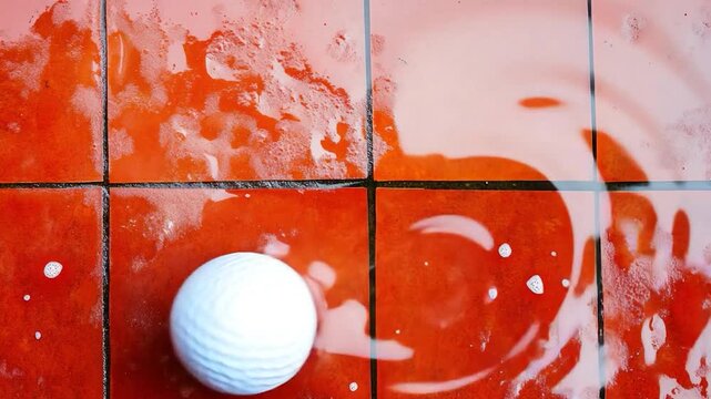 Wet red tile floor with golf ball