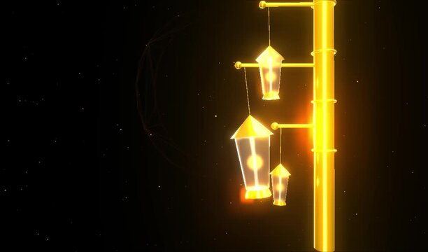 Golden Glowing Ramadan Lanterns Hanging on a Post with Stars and Crescent Moon in the Dark Night Sky, 3D Rendered Animation