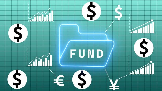 A digital depicting financial management with a luminous blue folder labeled FUND at its core, surrounded by global currency and ascending bar charts on a teal grid backdrop