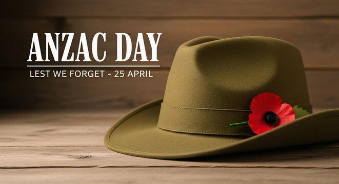 ANZAC Day remembrance banner with slouch hat and red poppy Lest We Forget 25 April commemorative concept