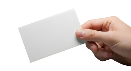 Obraz premium A hand holding a blank white card perfect for mockups and presentations isolated on transparent background