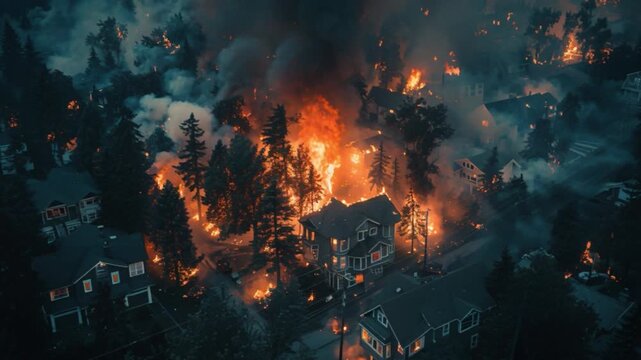 Thick smoke raging flames engulf several homes in neighborhood, as intense wildfire spreads destruction, sparking disaster emergency response amidst catastrophic fire, leaving devastation in its wake