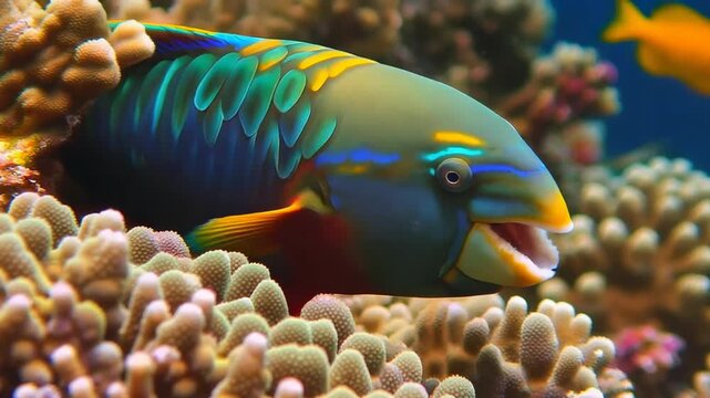 Vivid parrotfish swimming among coral reef breathtaking underwater ecosystem displaying rich biodiversity and marine life conservation