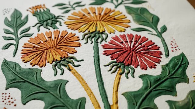 detailed flowers, showcasing intricate design with vibrant dandelions. The dandelions display rich colors, enhancing the floral pattern and leaves.