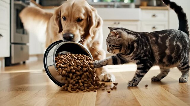 A golden retriever dog and a gray tabby cat are focused on a bowl of kibble. The dog and the cat seem to be enjoying their time together in the kitchen.