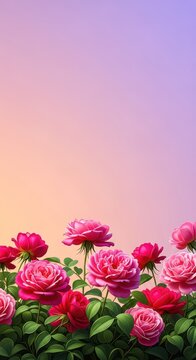 Vibrant pink border roses blooming profusely in a summer garden setting, showcasing delicate petals and lush green foliage, green, rose, summer