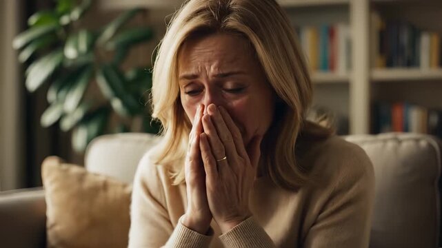 A woman expresses distress while sitting on a couch. The woman holds her head in her hands, clearly overwhelmed in a living room environment.