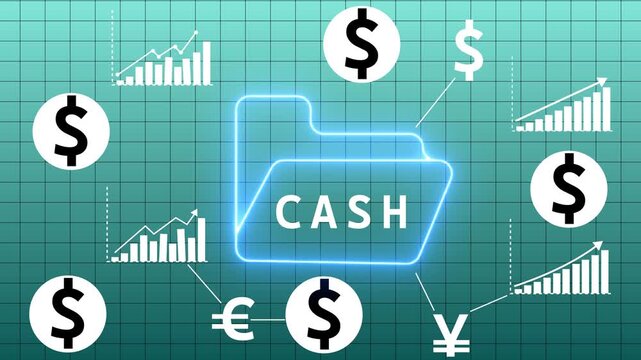 An abstract illustrating monetary concepts with a glowing neon blue folder labeled CASH at the center, accompanied by currency symbols and rising bar graphs on a teal grid